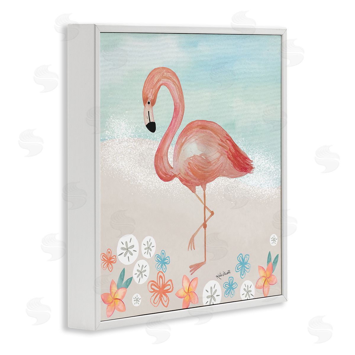 Katie Doucette Flamingo Standing Shoreline Various Sand Dollars Botanicals White Framed Glicee Wall Art Print