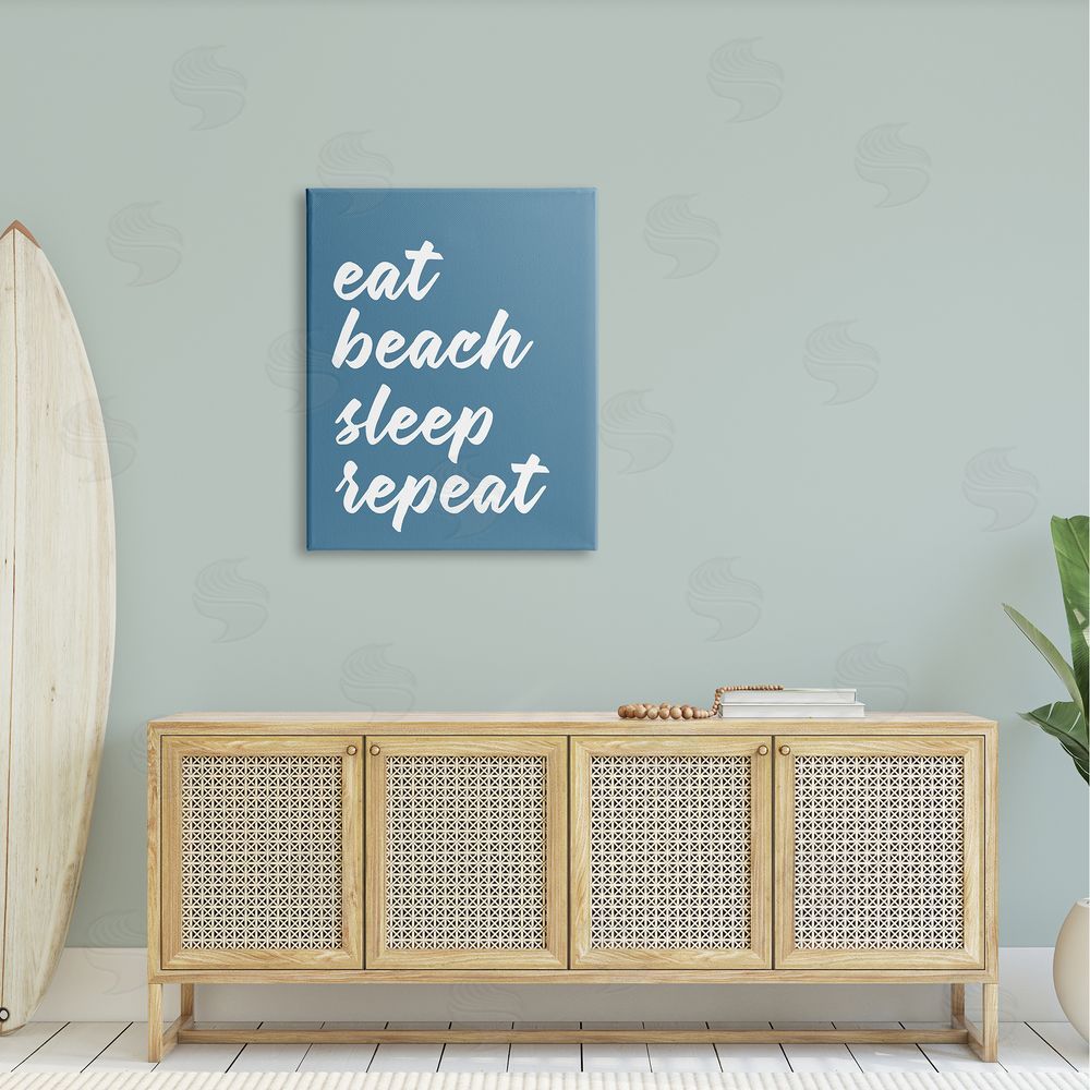 Lettered and Lined Eat Beach Sleep Repeat Blue Script Phrase  Canvas Wall Art Print in Room