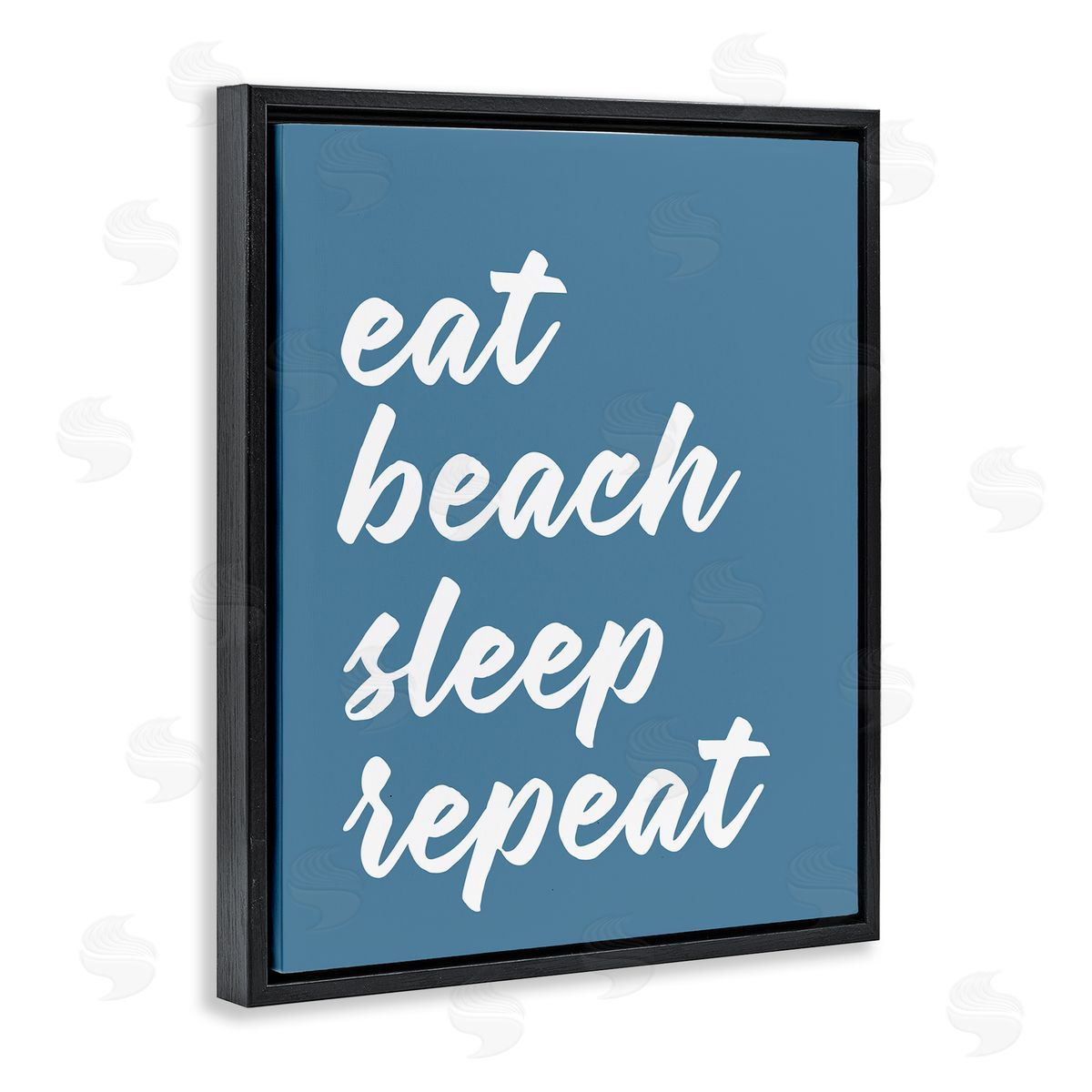 Lettered and Lined Eat Beach Sleep Repeat Blue Script Phrase  Black Floating Frame Canvas Wall Art Print