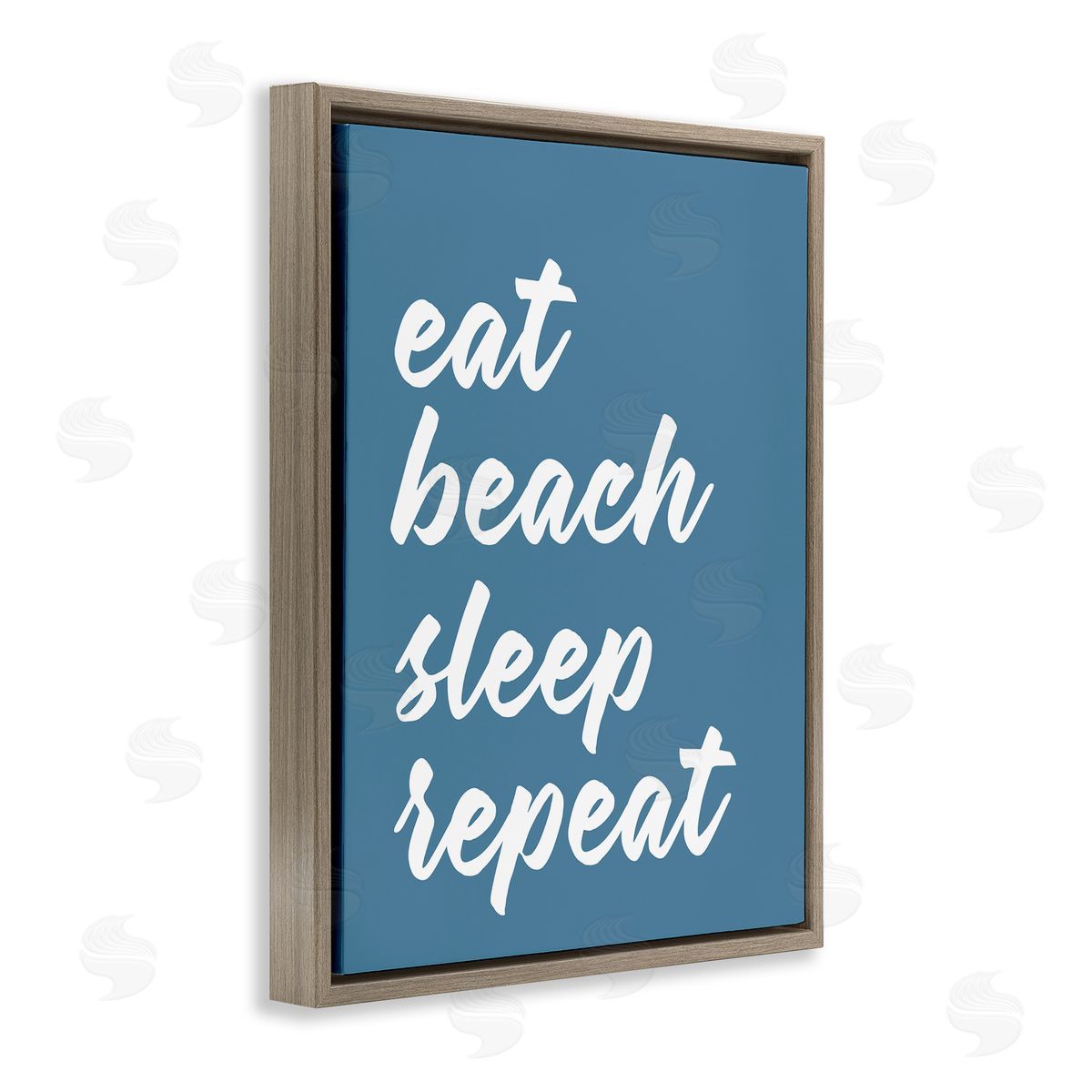Lettered and Lined Eat Beach Sleep Repeat Blue Script Phrase  Brown Floating Frame Canvas Wall Art Print
