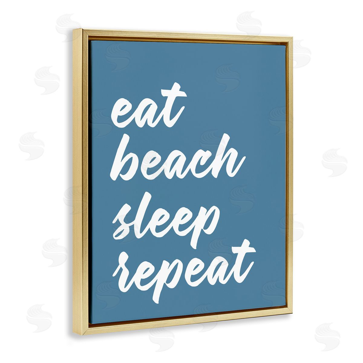 Lettered and Lined Eat Beach Sleep Repeat Blue Script Phrase  Gold Floating Frame Canvas Wall Art Print