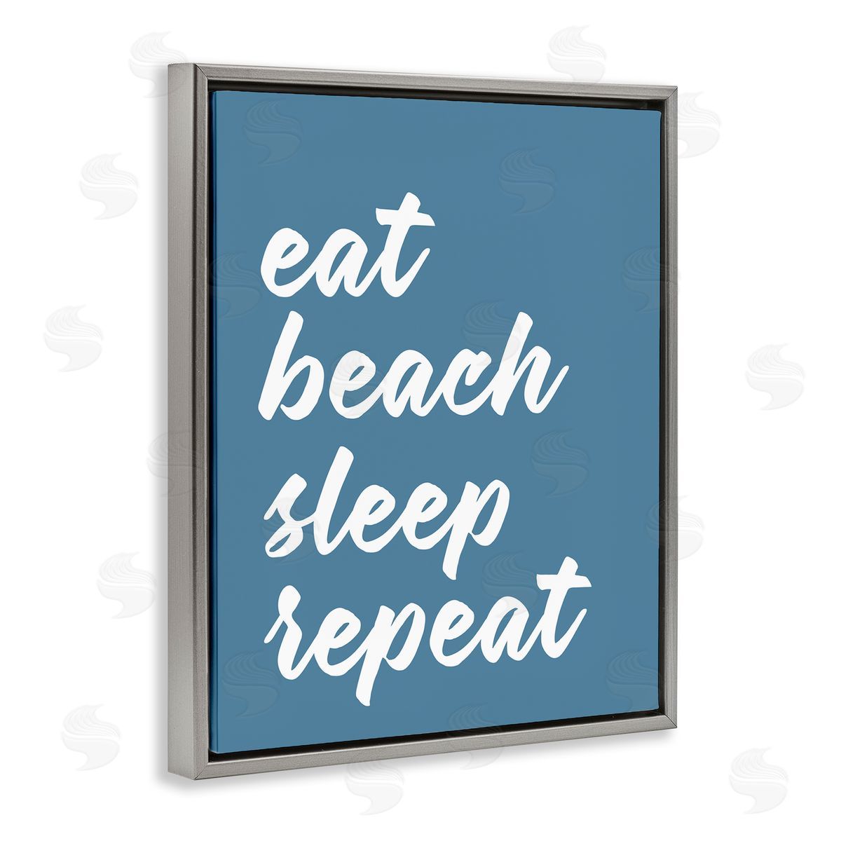 Lettered and Lined Eat Beach Sleep Repeat Blue Script Phrase  Gray Floating Frame Canvas Wall Art Print