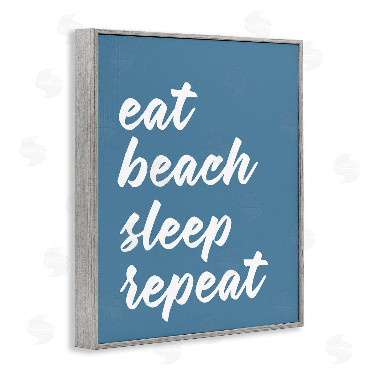 Lettered and Lined Eat Beach Sleep Repeat Blue Script Phrase  Gray Framed Giclee Wall Art Print