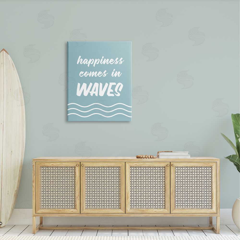 Lettered and Lined Happiness Beach Water Waves Uplifting Cursive Phrase Canvas Wall Art Print in Room