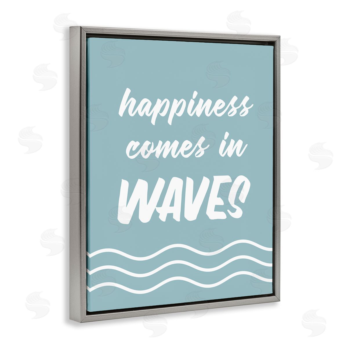 Lettered and Lined Happiness Beach Water Waves Uplifting Cursive Phrase Gray Floating Frame Canvas Wall Art Print