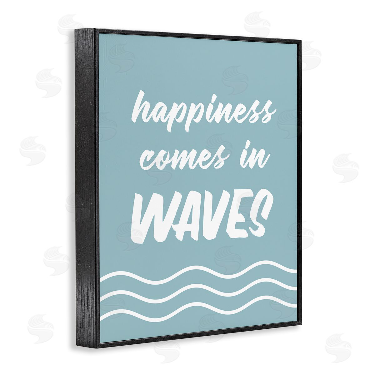Lettered and Lined Happiness Beach Water Waves Uplifting Cursive Phrase Black Framed Giclee Wall Art Print