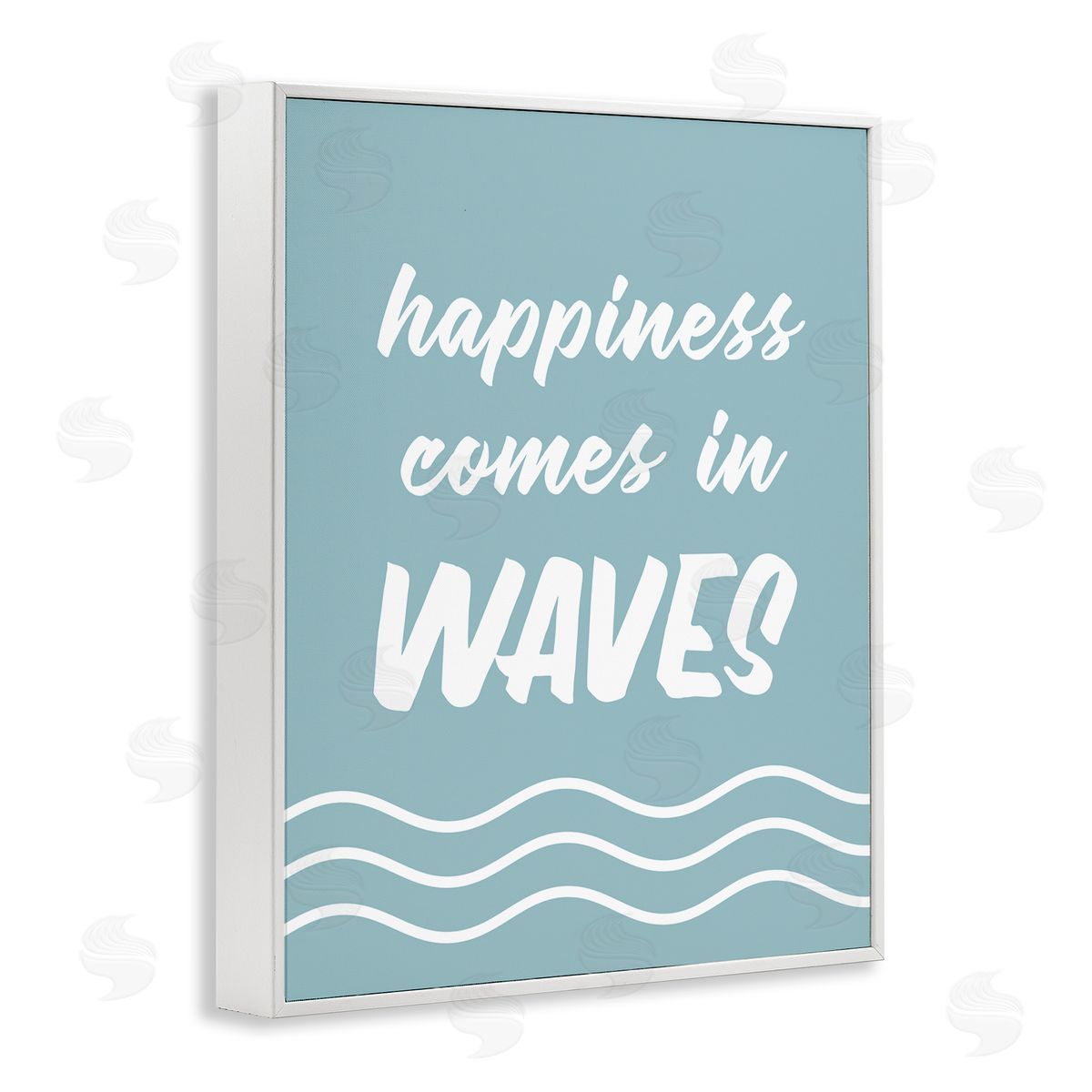 Lettered and Lined Happiness Beach Water Waves Uplifting Cursive Phrase White Framed Giclee Wall Art Print