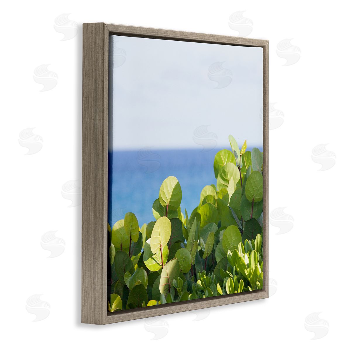 Michael Quackenbush Lush Greenery Plants Distant Beach Ocean Water  Brown Floating Frame Canvas Wall Art Print