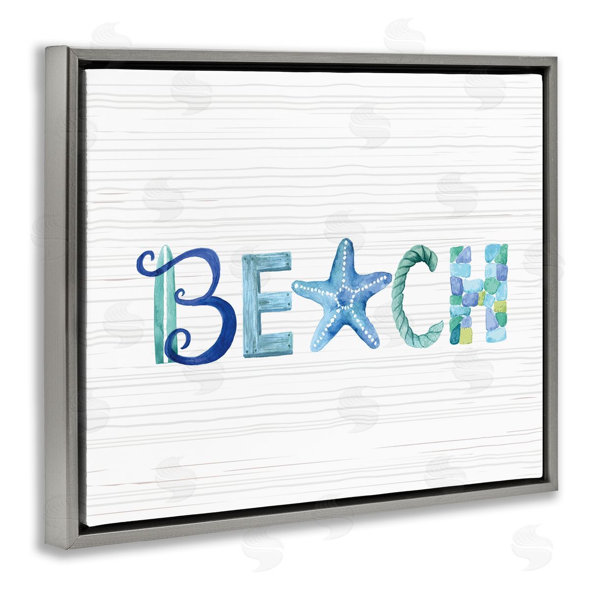 Sharon Lee Beach Letters Typography Sea Life Pebbles Rope Gray Floating Frame Canvas Wall Art Print