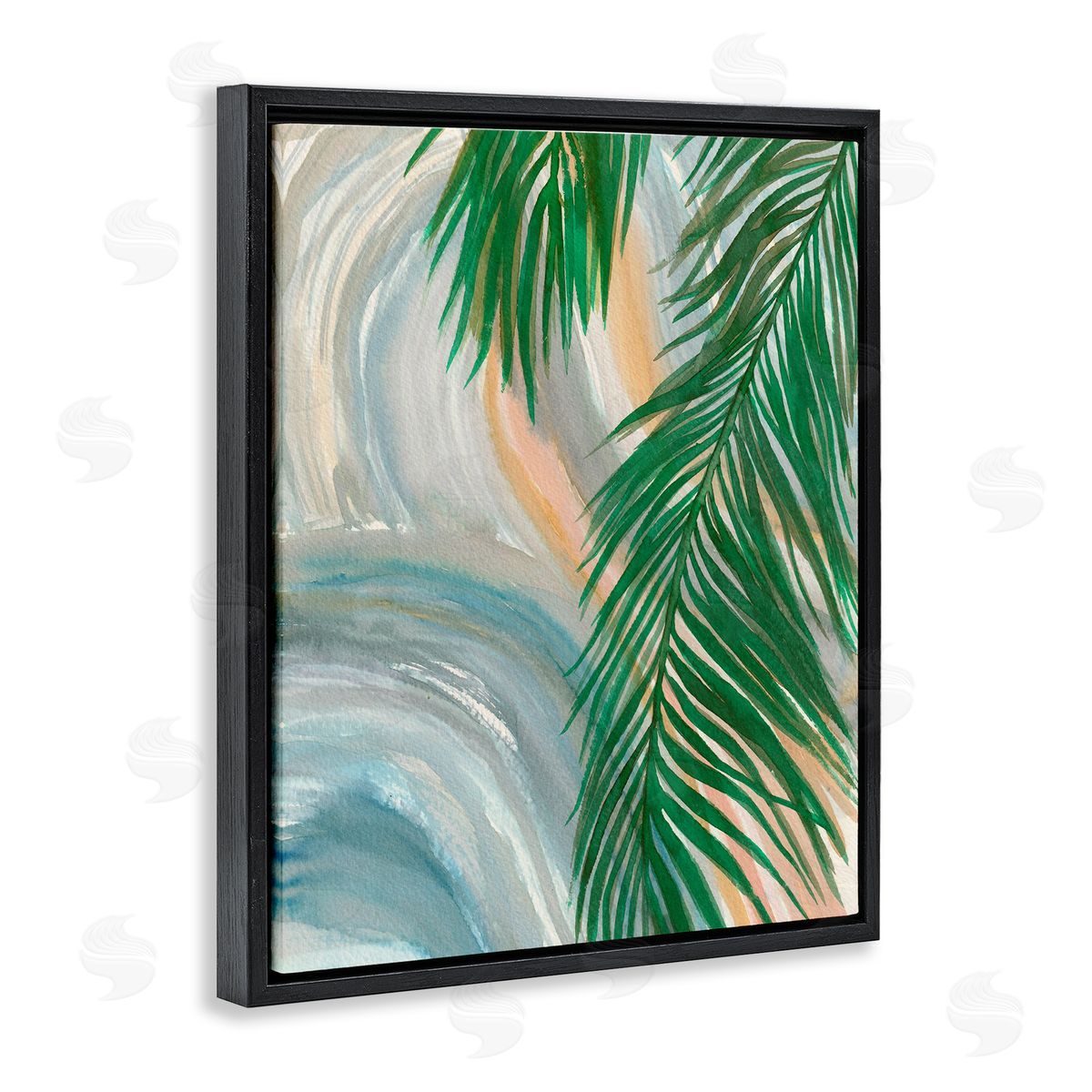 Elvira Errico Tropical Palm Tree Leaves Close Up Swirl Pattern  Black Floating Frame Canvas Wall Art Print