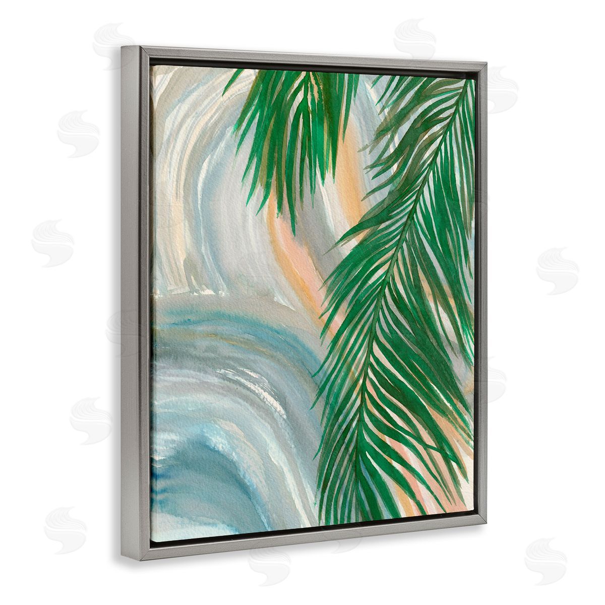 Elvira Errico Tropical Palm Tree Leaves Close Up Swirl Pattern  Gray Floating Frame Canvas Wall Art Print