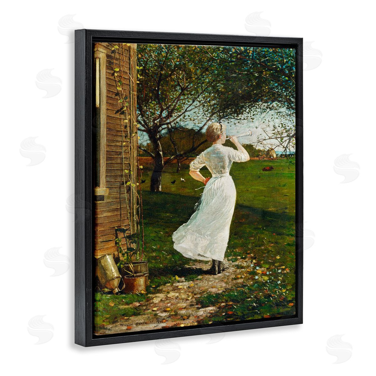 Lettered and Lined Classic Woman Instrument Rural Vintage House Painting Black Floating Frame Canvas Wall Art Print