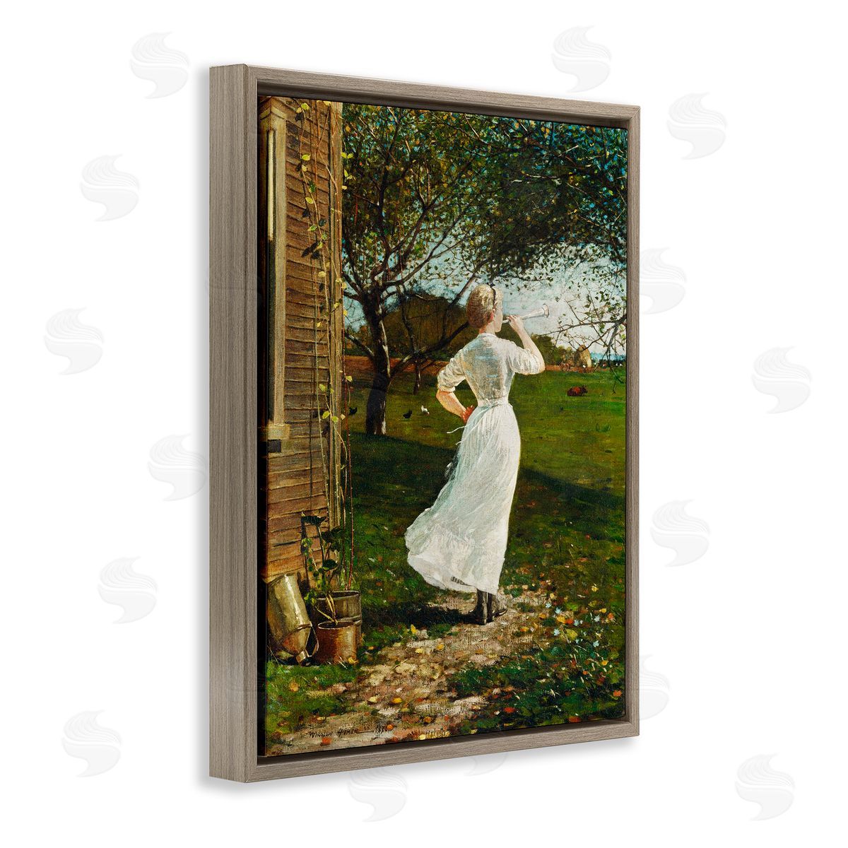 Lettered and Lined Classic Woman Instrument Rural Vintage House Painting Brown Floating Frame Canvas Wall Art Print