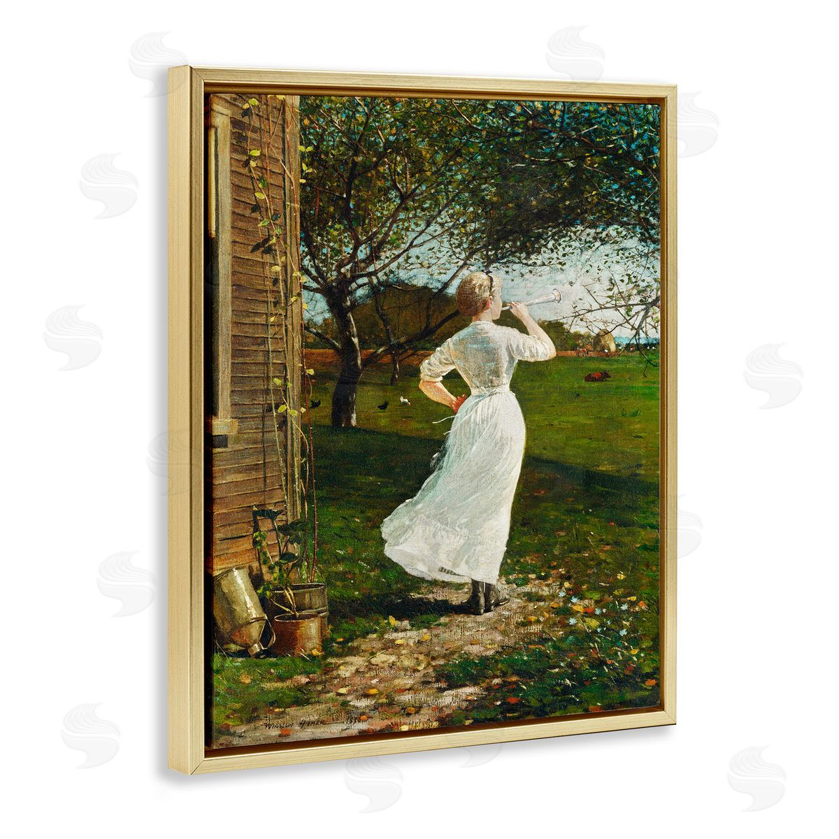 Lettered and Lined Classic Woman Instrument Rural Vintage House Painting Gold Floating Frame Canvas Wall Art Print