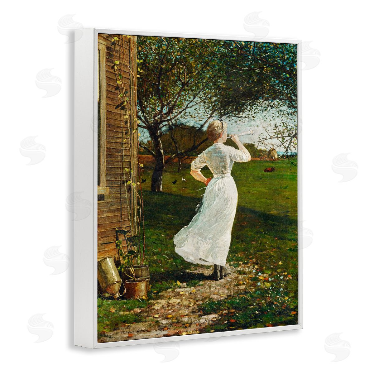 Lettered and Lined Classic Woman Instrument Rural Vintage House Painting White Framed Giclee Wall Art Print