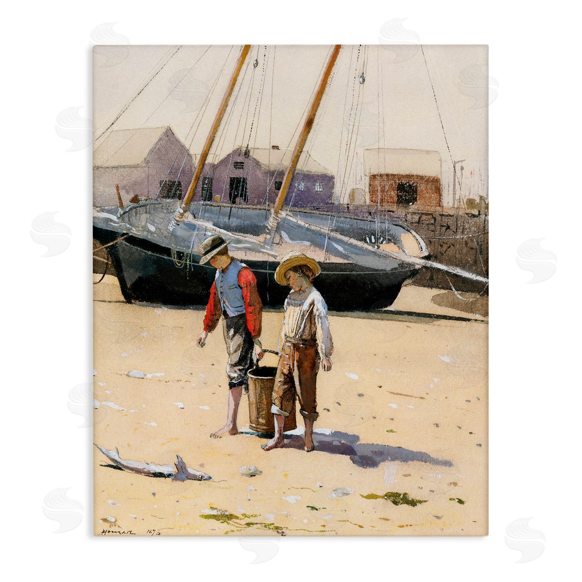 Lettered and Lined Old Fashioned Man Woman Walking Beach Marina  Stretched Canvas Wall Art Print