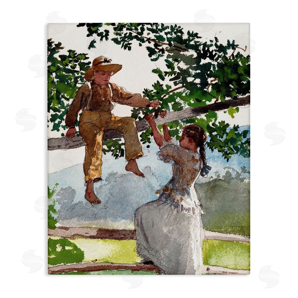 Lettered and Lined Children Playing Climbing Tree Traditional Clothing Stretched Canvas Wall Art Print