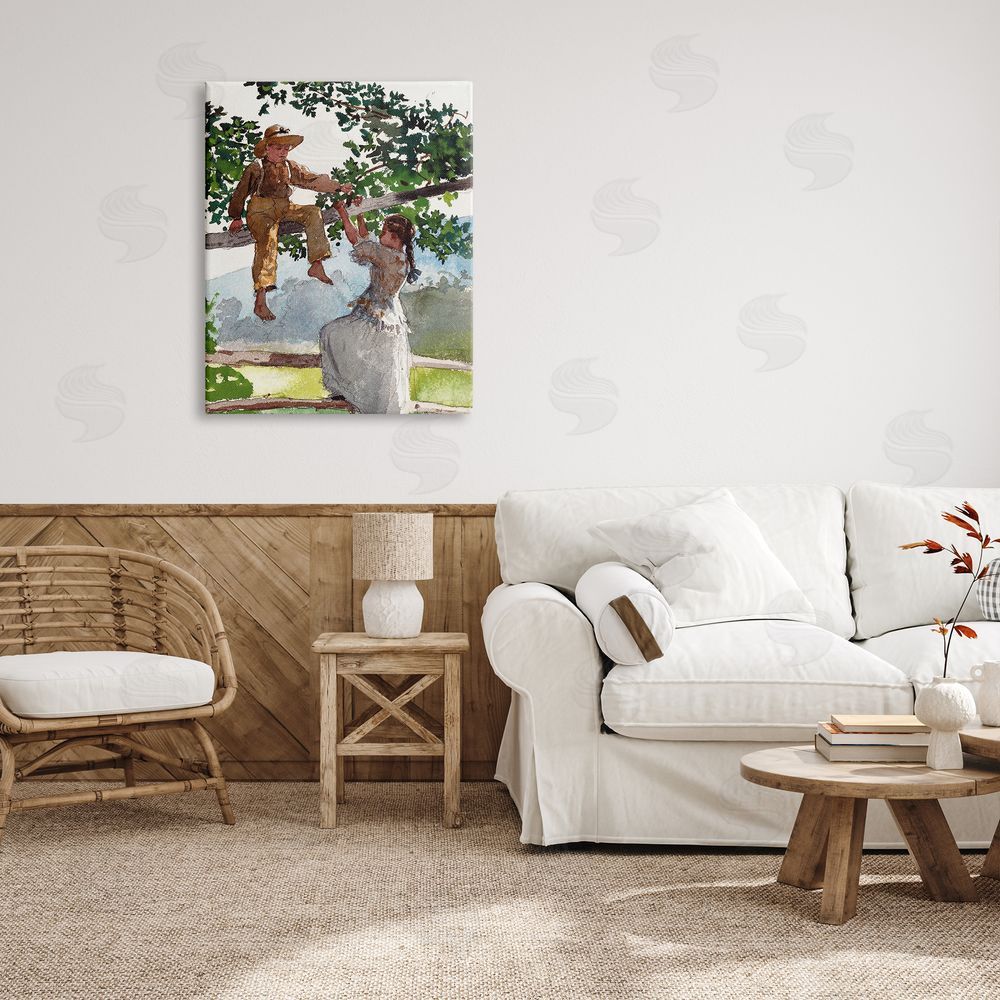 Lettered and Lined Children Playing Climbing Tree Traditional Clothing Canvas Wall Art Print in Room