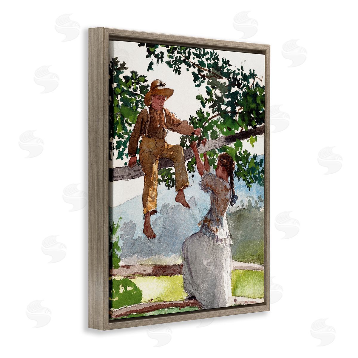 Lettered and Lined Children Playing Climbing Tree Traditional Clothing Brown Floating Frame Canvas Wall Art Print