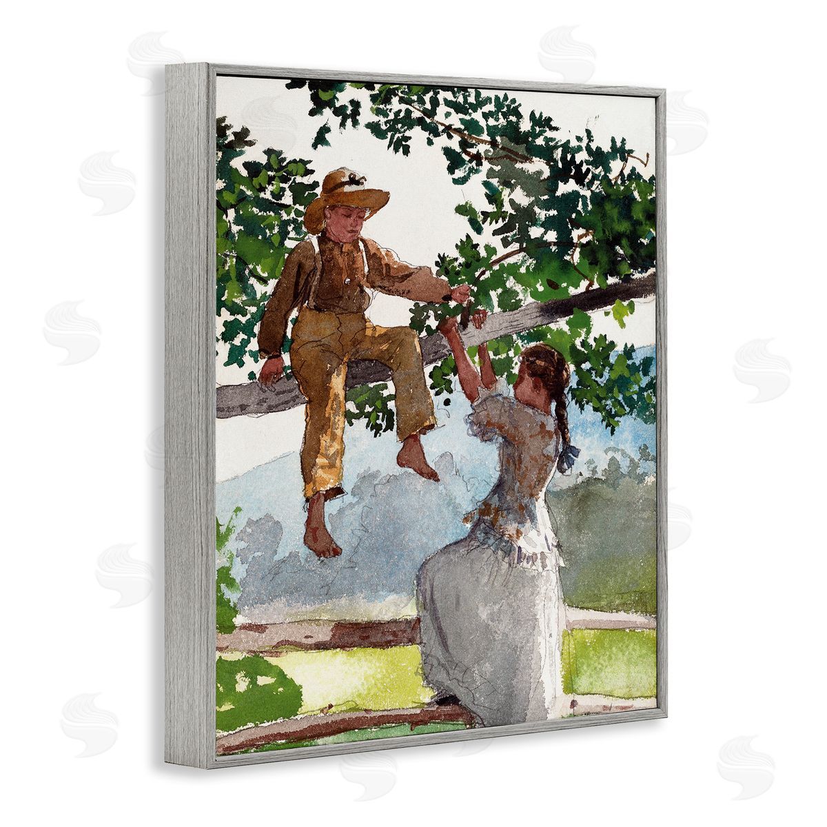 Lettered and Lined Children Playing Climbing Tree Traditional Clothing Gray Framed Giclee Wall Art Print