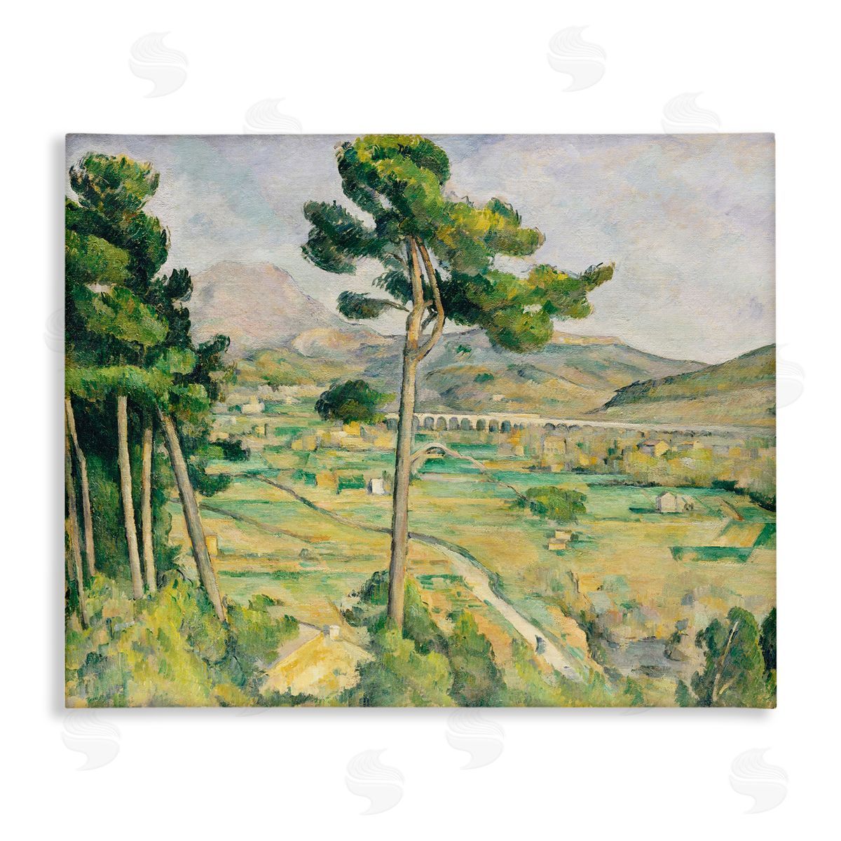Lettered and Lined Rural Green Scenery Distant Bridge Mountain Trees Stretched Canvas Wall Art Print