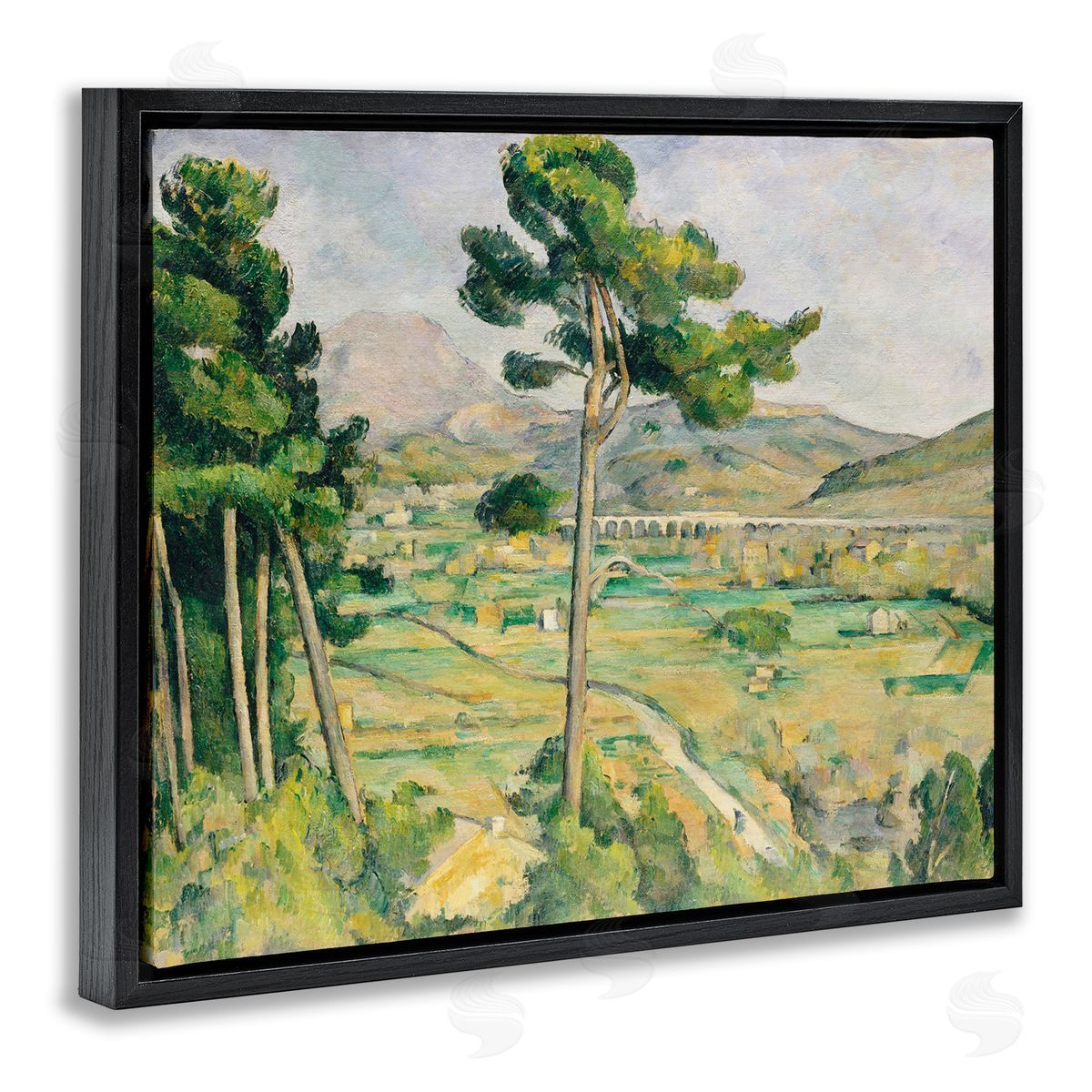 Lettered and Lined Rural Green Scenery Distant Bridge Mountain Trees Black Floating Frame Canvas Wall Art Print
