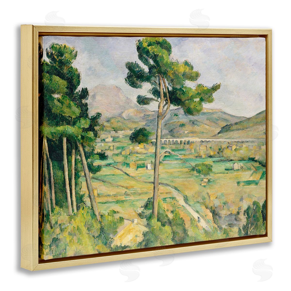 Lettered and Lined Rural Green Scenery Distant Bridge Mountain Trees Gold Floating Frame Canvas Wall Art Print