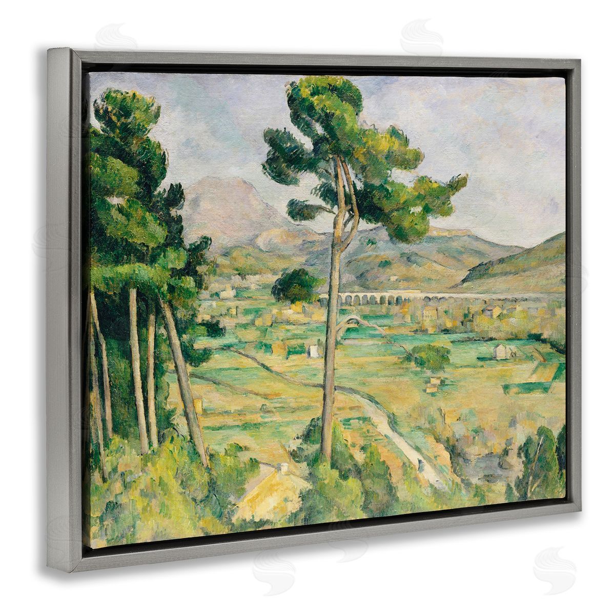 Lettered and Lined Rural Green Scenery Distant Bridge Mountain Trees Gray Floating Frame Canvas Wall Art Print