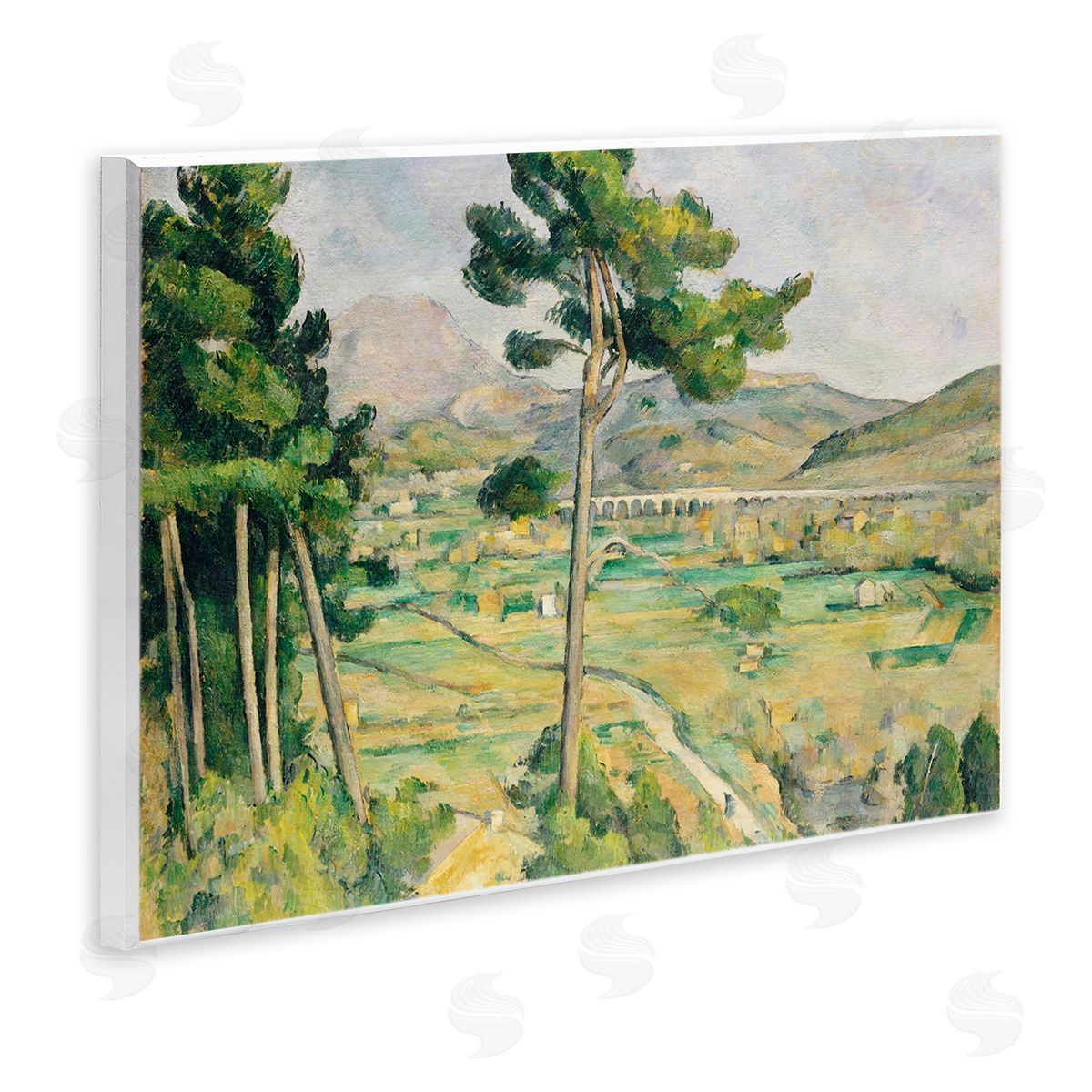 Lettered and Lined Rural Green Scenery Distant Bridge Mountain Trees Wall Plaque Art Print