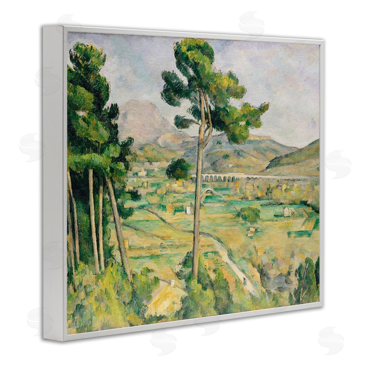 Lettered and Lined Rural Green Scenery Distant Bridge Mountain Trees White Framed Giclee Wall Art Print