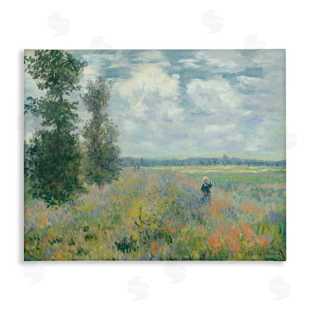 Lettered and Lined Lone Person Floral Blossom Meadow Quaint Scene Stretched Canvas Wall Art Print