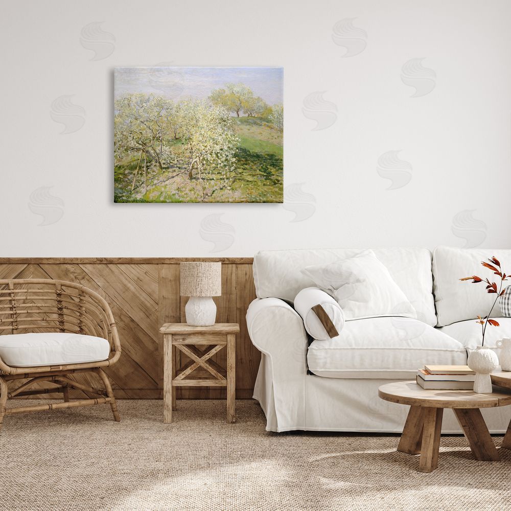Lettered and Lined White Blossom Tree Orchard Field Impressionist Brushstrokes Canvas Wall Art Print in Room