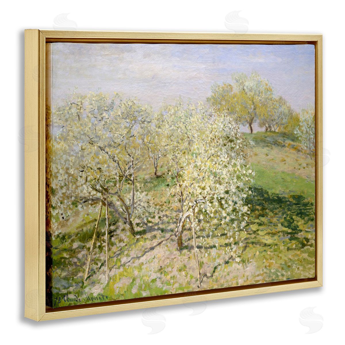 Lettered and Lined White Blossom Tree Orchard Field Impressionist Brushstrokes Gold Floating Frame Canvas Wall Art Print