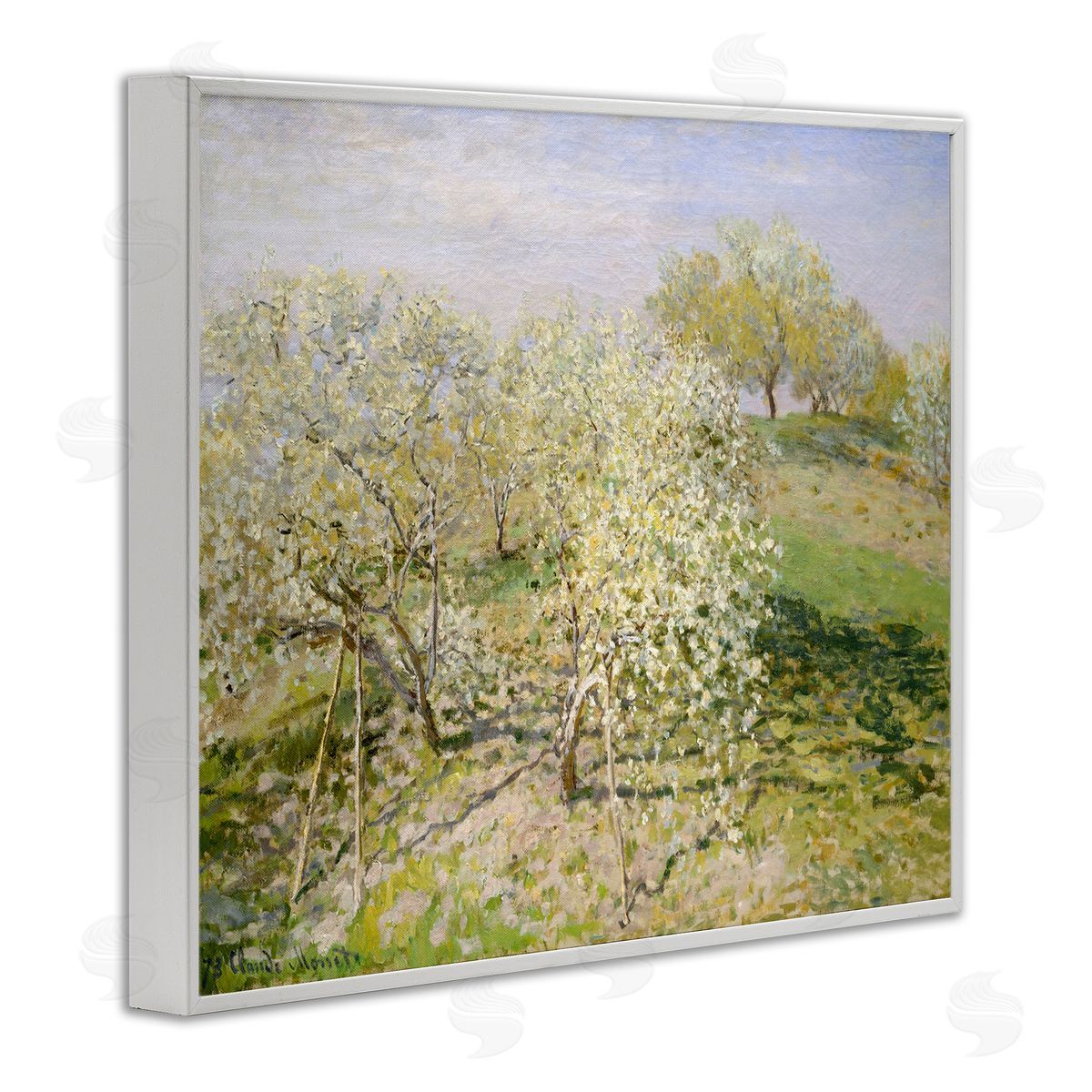 Lettered and Lined White Blossom Tree Orchard Field Impressionist Brushstrokes White Framed Giclee Wall Art Print