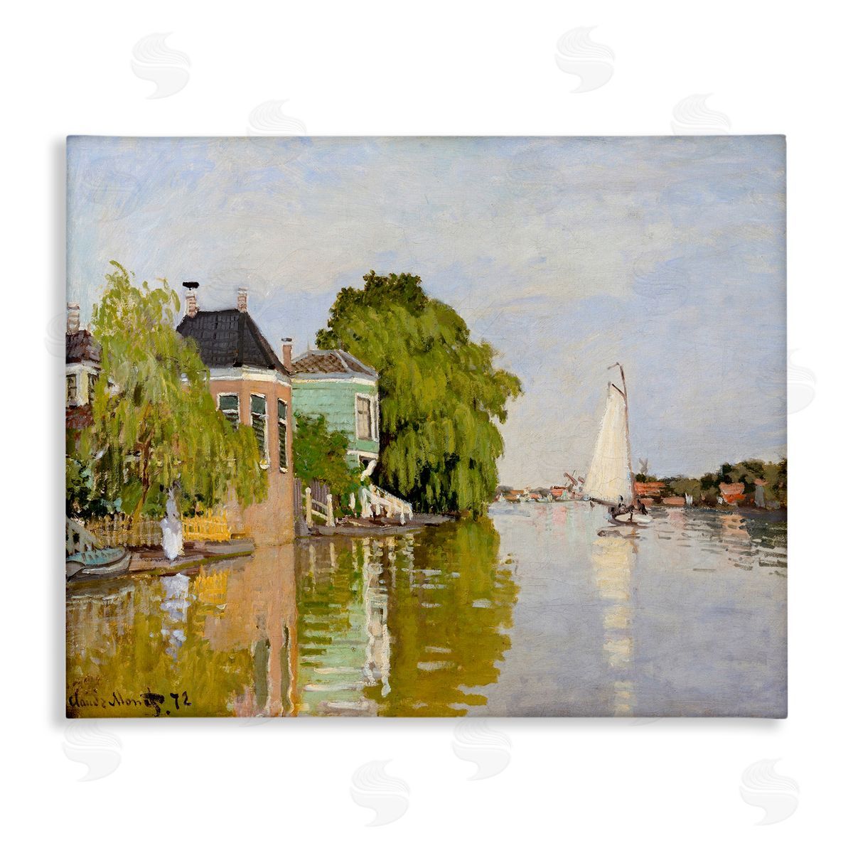 Lettered and Lined City Town Along Water Canal Sailboats Reflection  Stretched Canvas Wall Art Print