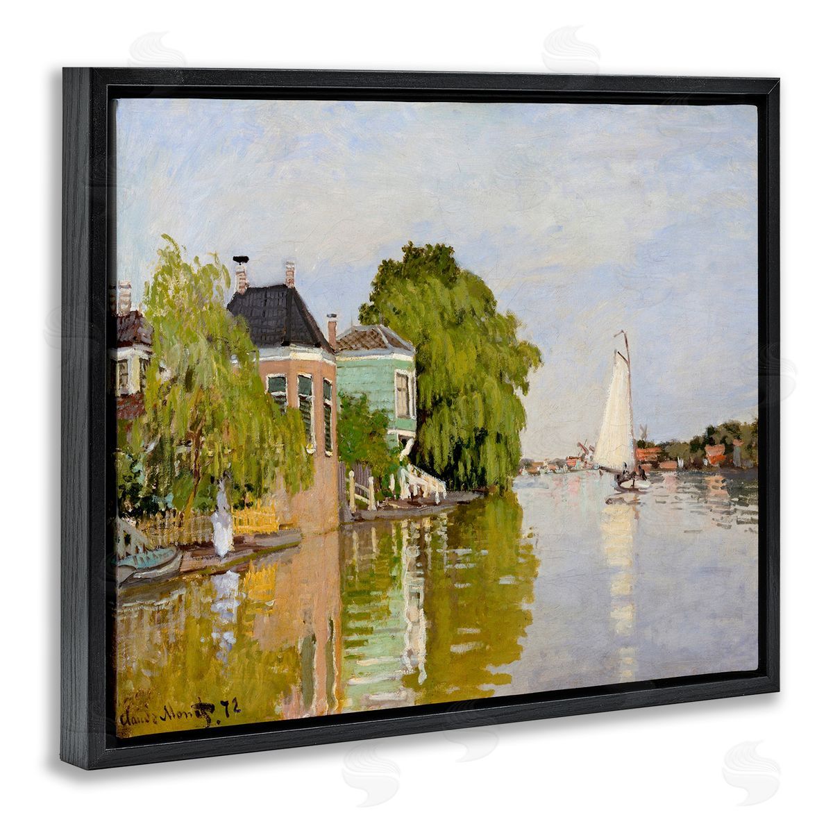 Lettered and Lined City Town Along Water Canal Sailboats Reflection  Black Floating Frame Canvas Wall Art Print