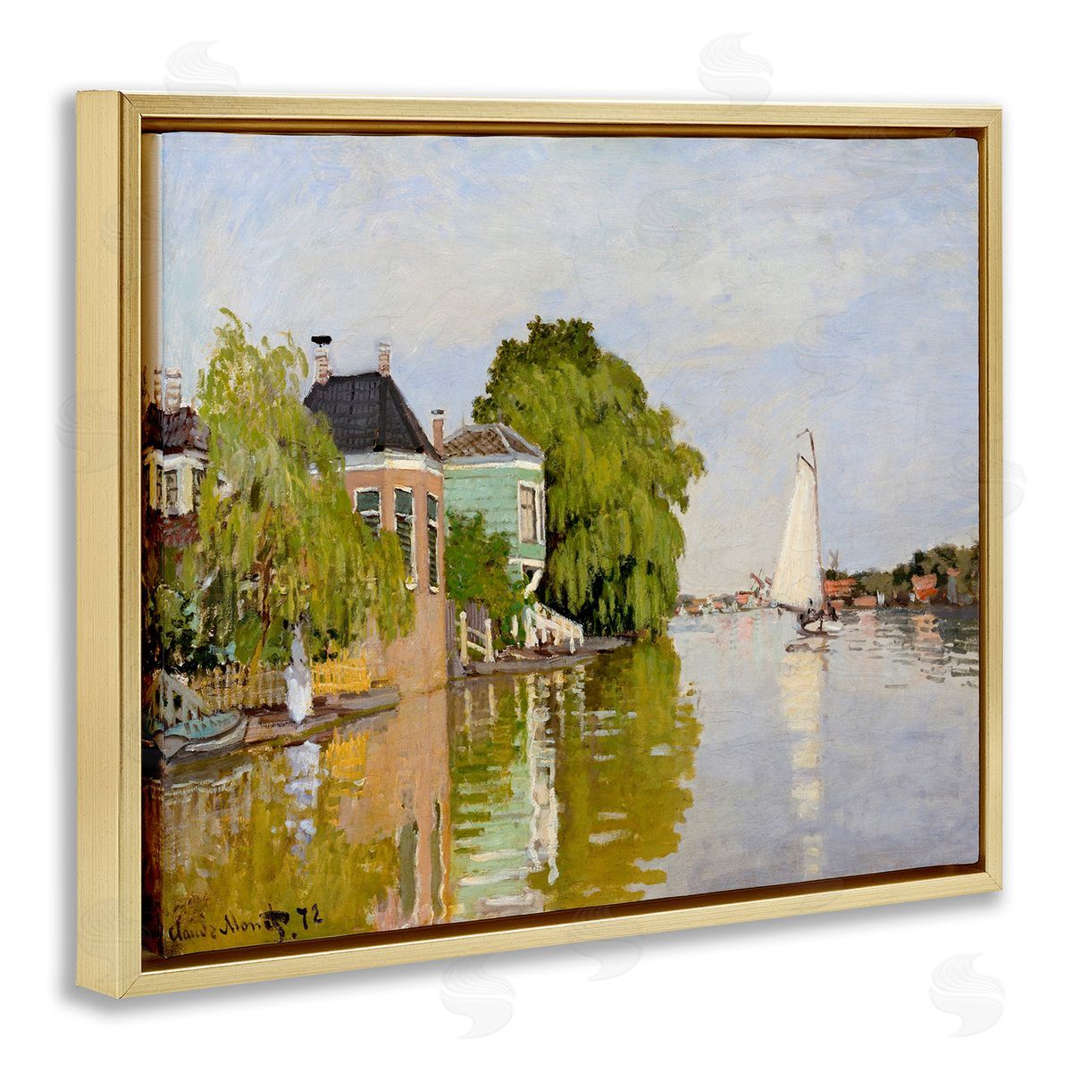 Lettered and Lined City Town Along Water Canal Sailboats Reflection  Gold Floating Frame Canvas Wall Art Print