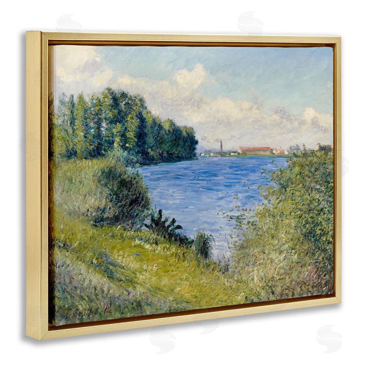 Lettered and Lined Clear Blue Water Seaside Rural Grassland Trees Gold Floating Frame Canvas Wall Art Print