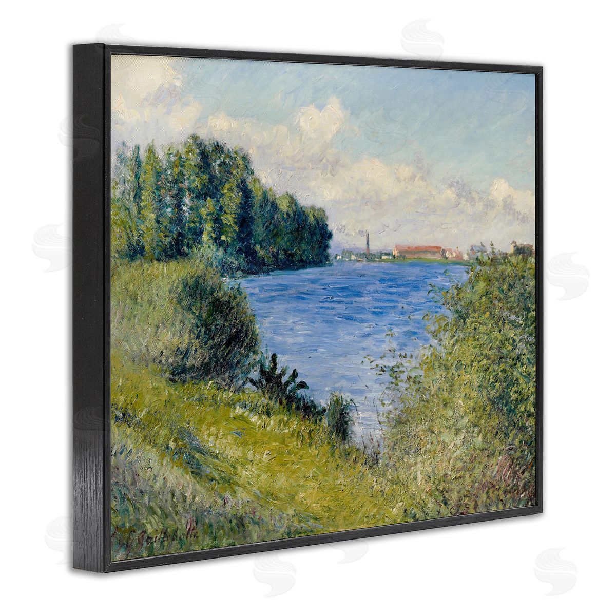 Lettered and Lined Clear Blue Water Seaside Rural Grassland Trees Black Framed Giclee Wall Art Print