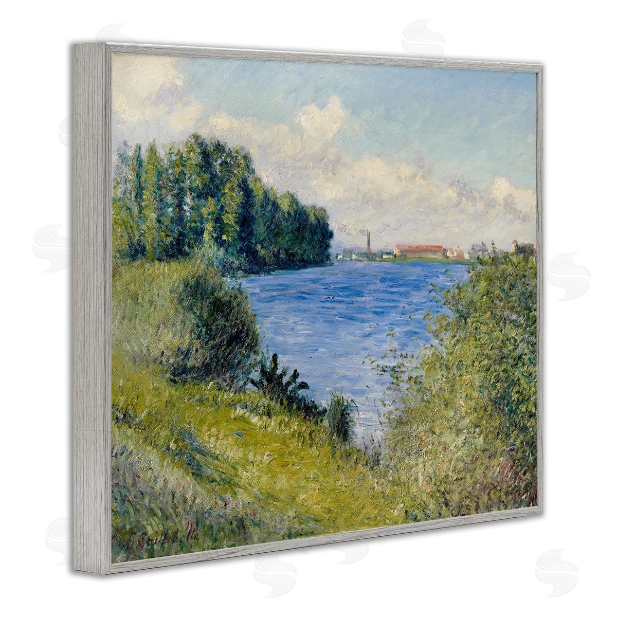 Lettered and Lined Clear Blue Water Seaside Rural Grassland Trees Gray Framed Giclee Wall Art Print