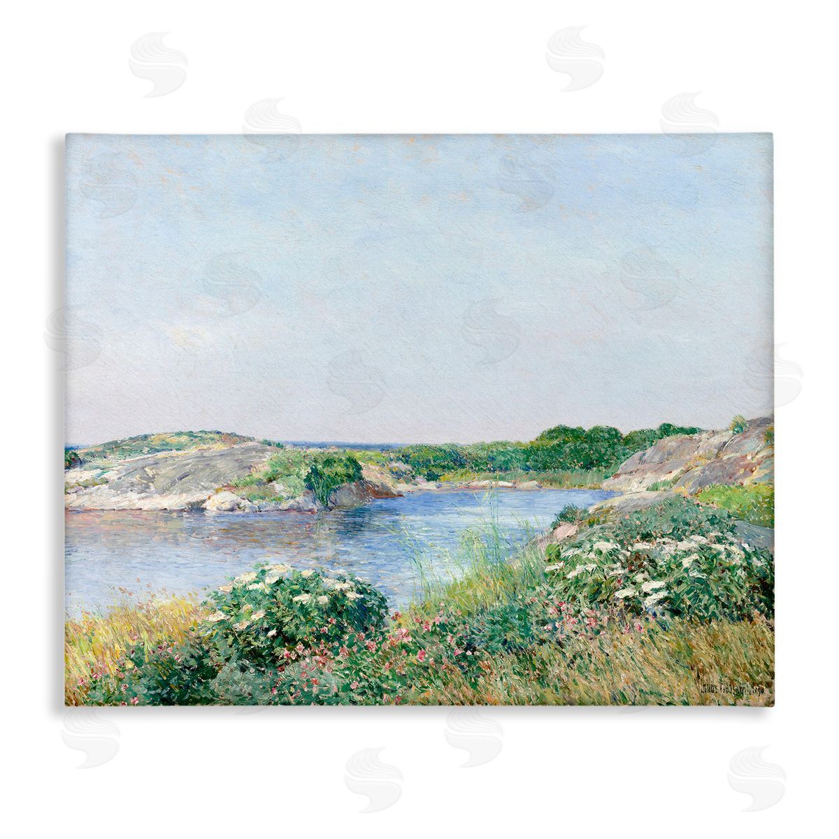 Lettered and Lined Rocky Shore Flower Bushes Ocean Inlet Scene  Stretched Canvas Wall Art Print