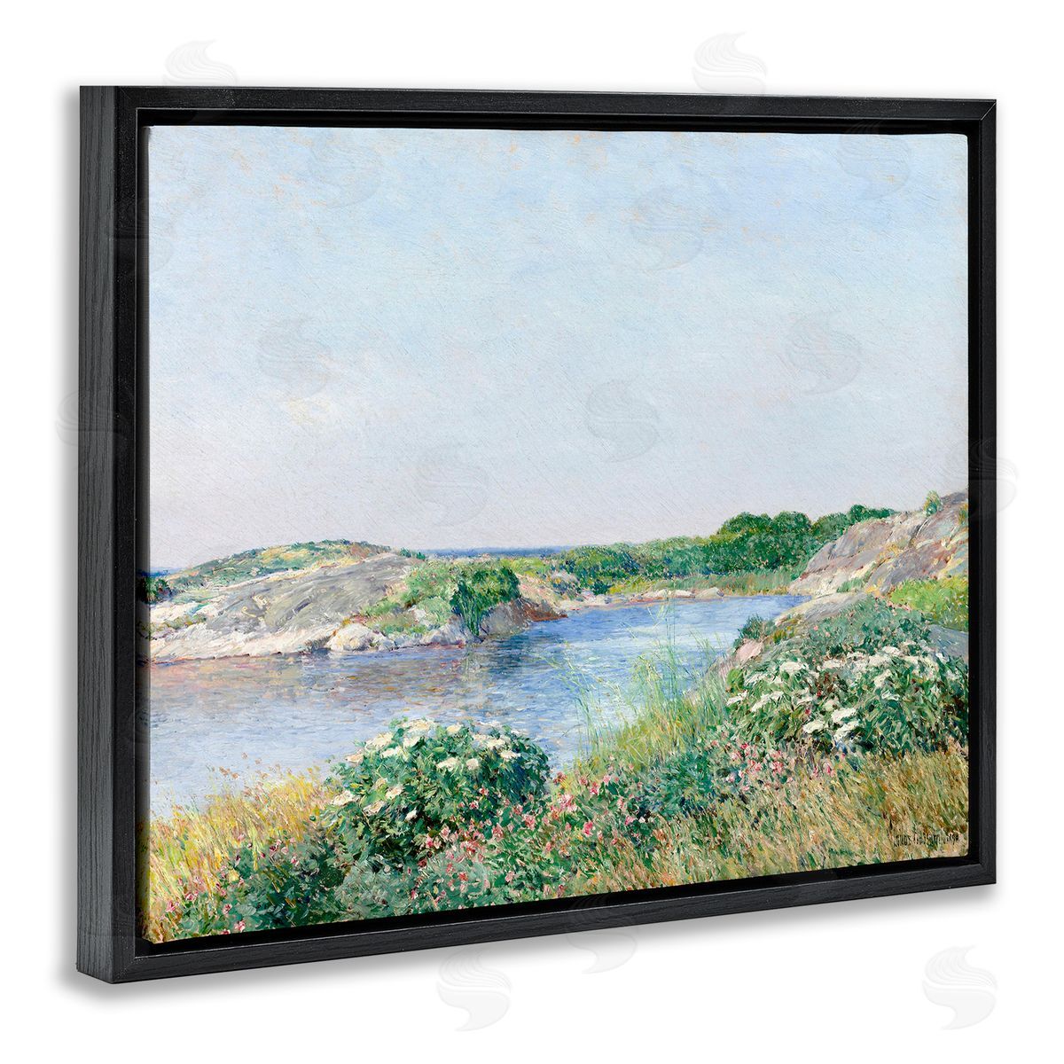 Lettered and Lined Rocky Shore Flower Bushes Ocean Inlet Scene  Black Floating Frame Canvas Wall Art Print