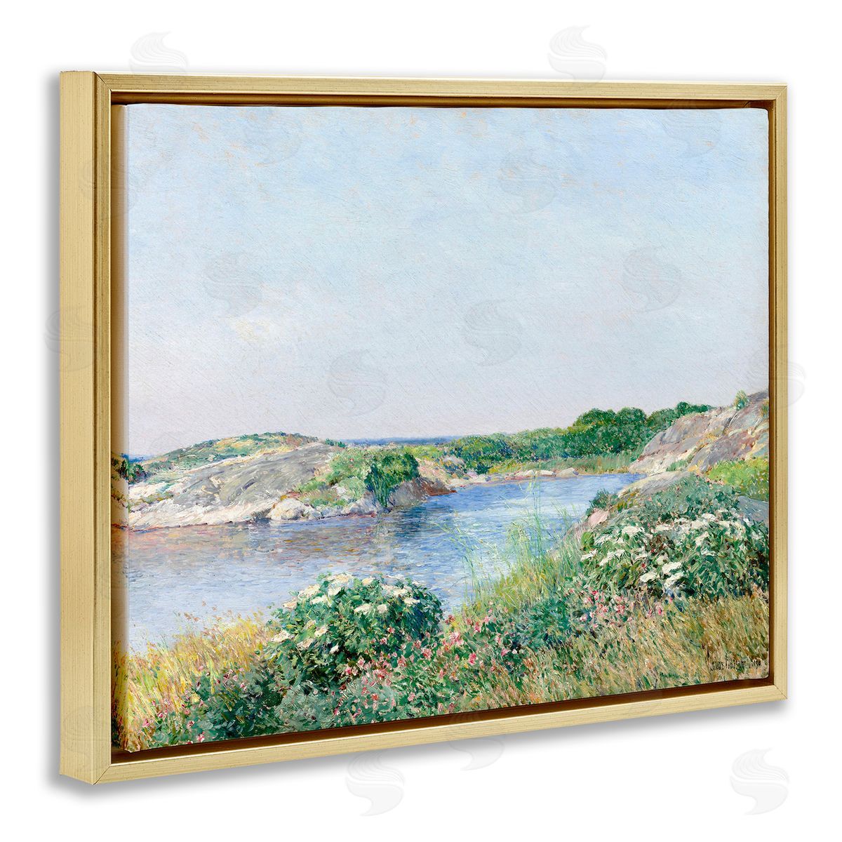 Lettered and Lined Rocky Shore Flower Bushes Ocean Inlet Scene  Gold Floating Frame Canvas Wall Art Print