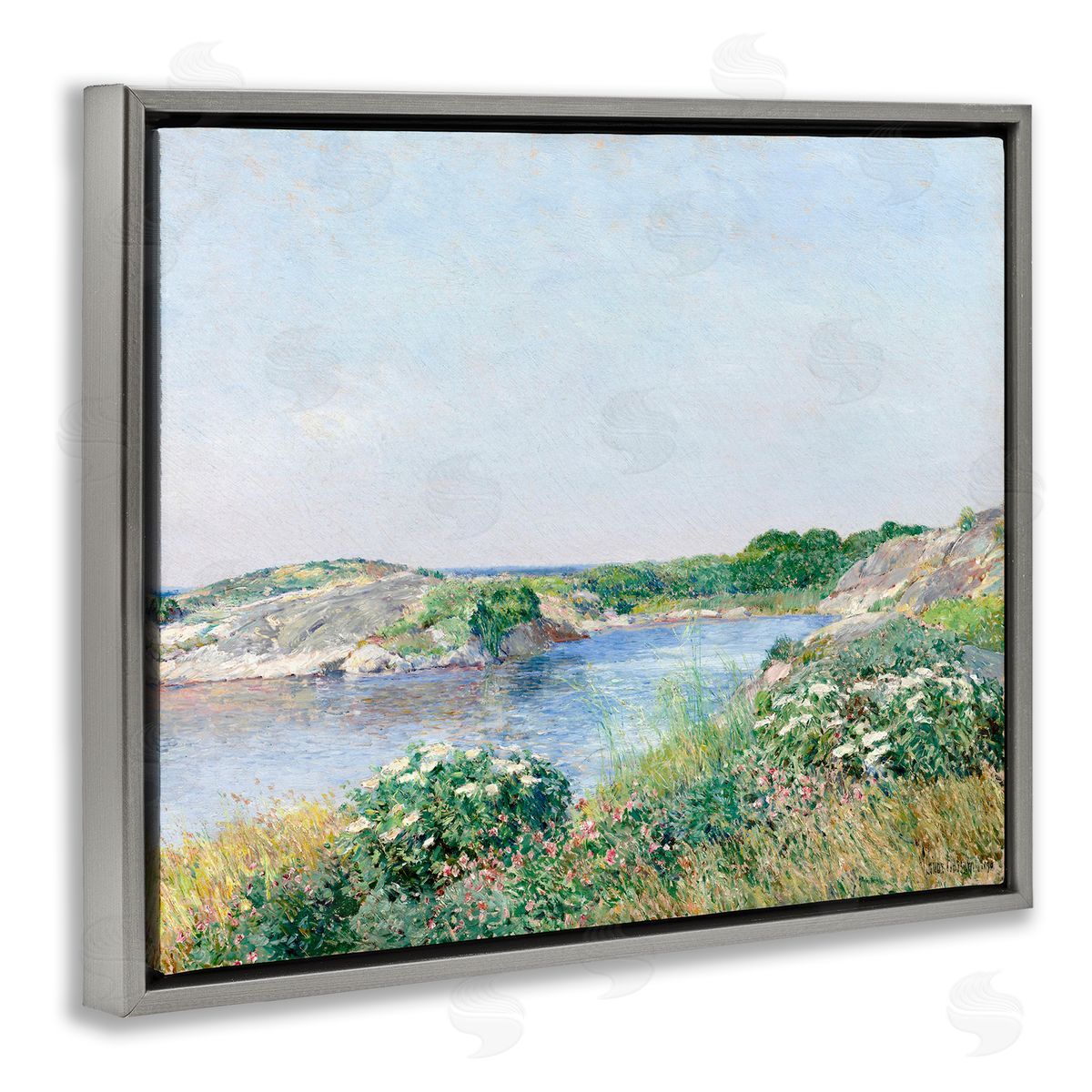 Lettered and Lined Rocky Shore Flower Bushes Ocean Inlet Scene  Gray Floating Frame Canvas Wall Art Print