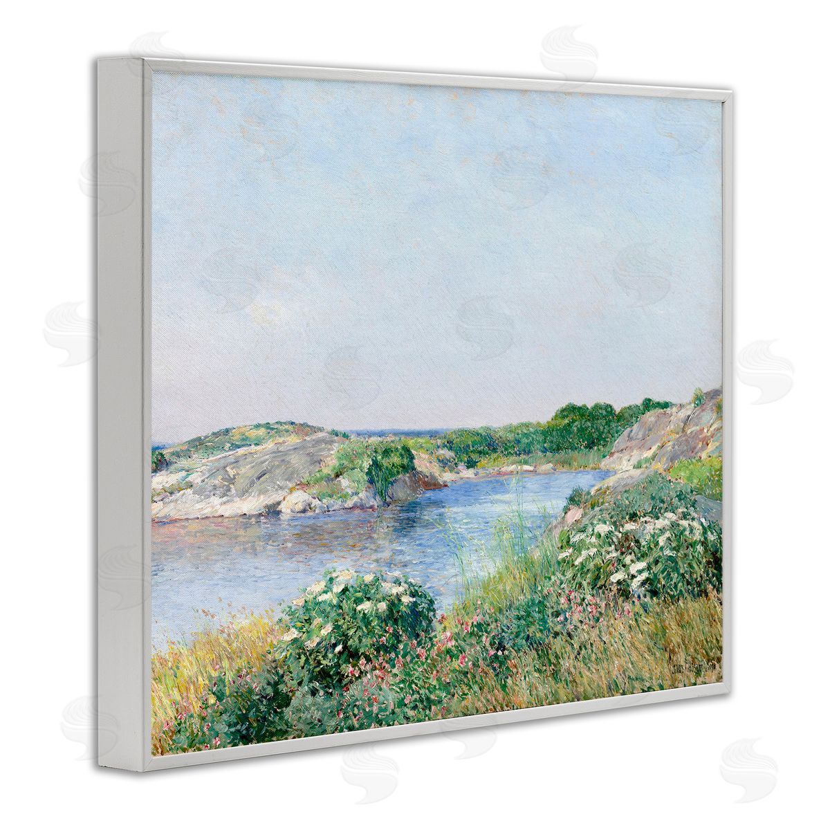 Lettered and Lined Rocky Shore Flower Bushes Ocean Inlet Scene  White Framed Giclee Wall Art Print