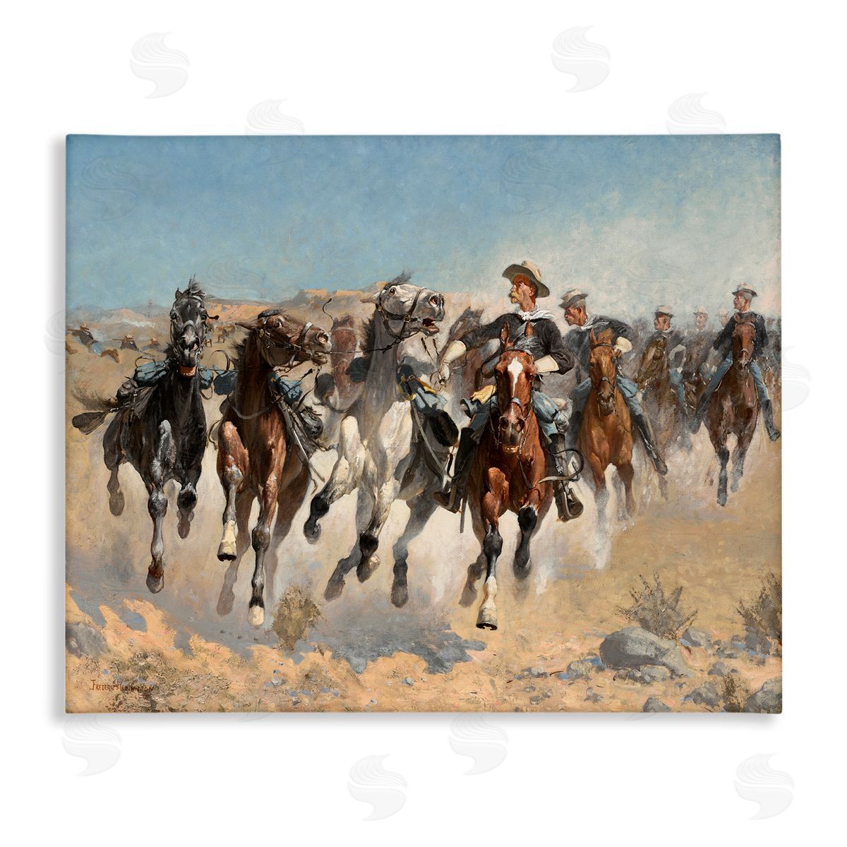 Lettered and Lined Galloping Horses Herd Cowboys Trotting Desert Sand Stretched Canvas Wall Art Print