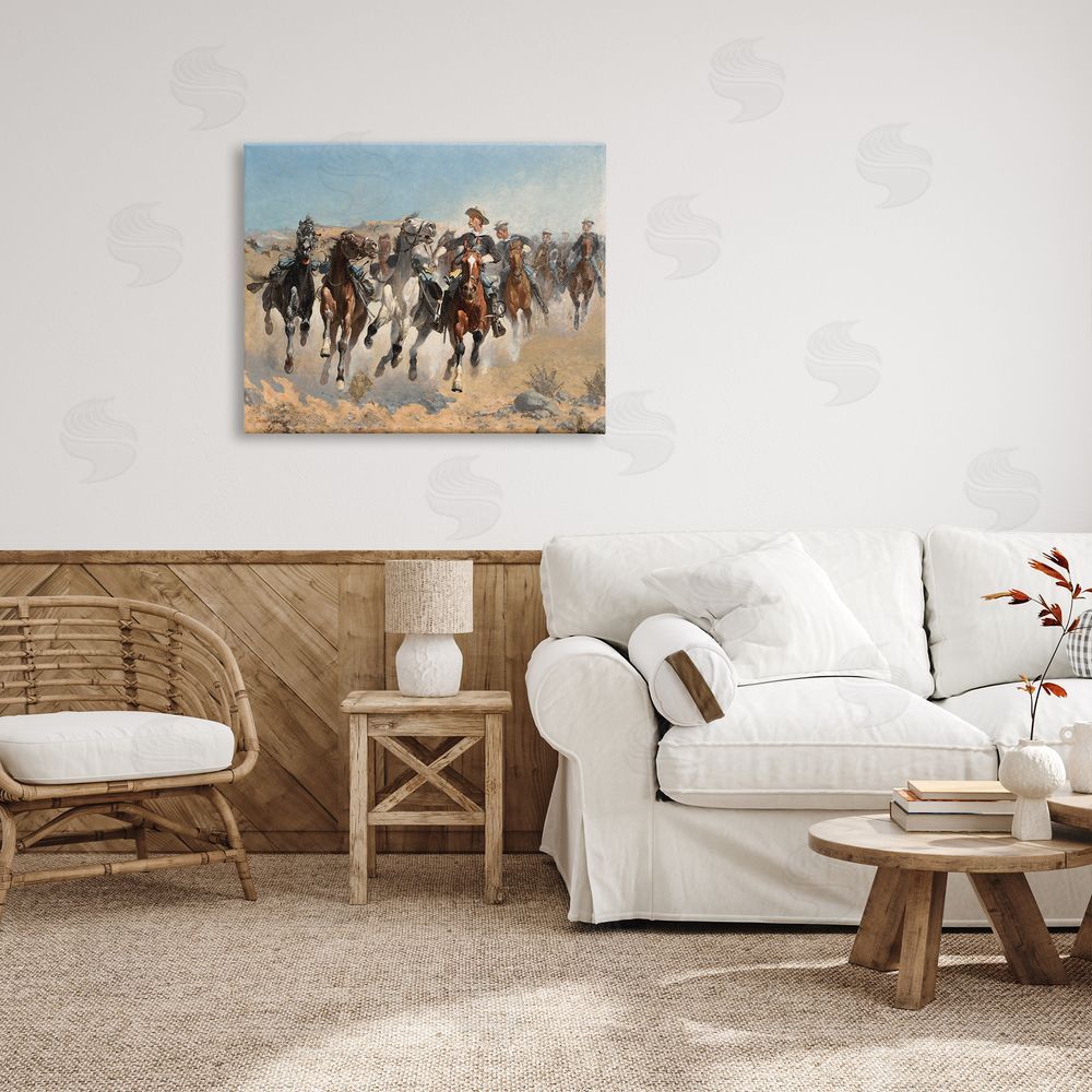 Lettered and Lined Galloping Horses Herd Cowboys Trotting Desert Sand Canvas Wall Art Print in Room