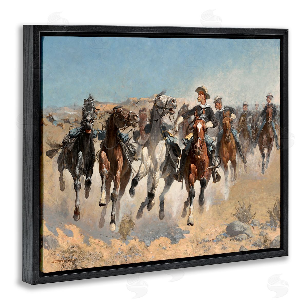 Lettered and Lined Galloping Horses Herd Cowboys Trotting Desert Sand Black Floating Frame Canvas Wall Art Print