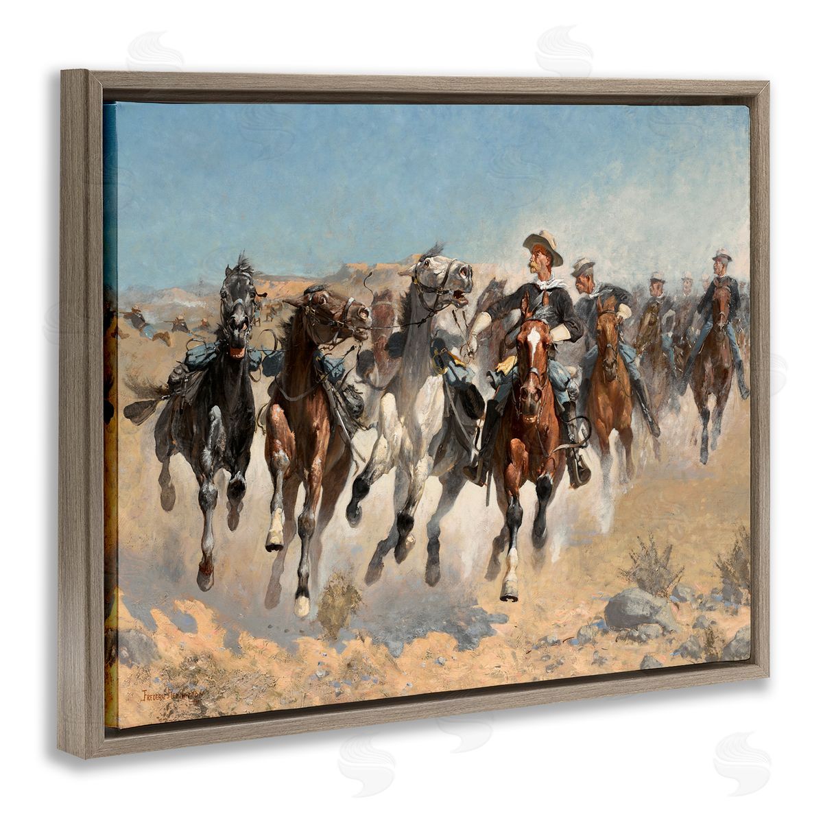 Lettered and Lined Galloping Horses Herd Cowboys Trotting Desert Sand Brown Floating Frame Canvas Wall Art Print