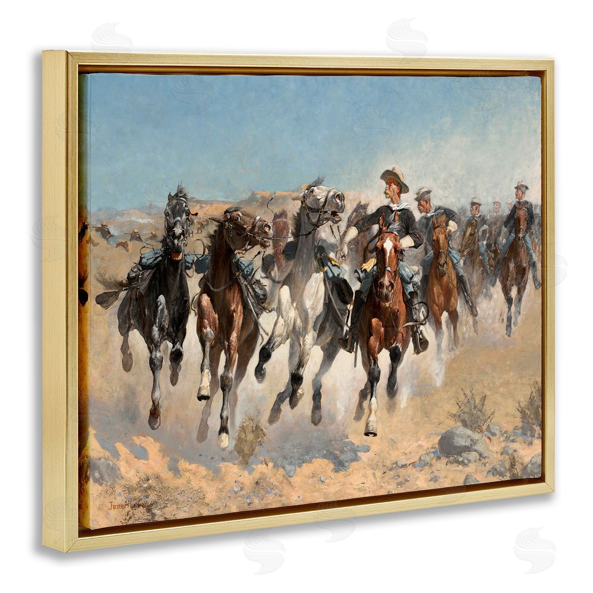 Lettered and Lined Galloping Horses Herd Cowboys Trotting Desert Sand Gold Floating Frame Canvas Wall Art Print